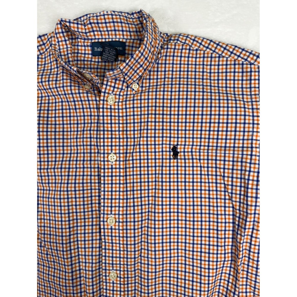 Ralph Lauren Button Down Shirt L (14-16) Orange Blue Gingham Kids Boys